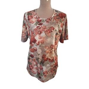 Blair Women Red Floral Crew Neck Short Sleeve Top Size Large